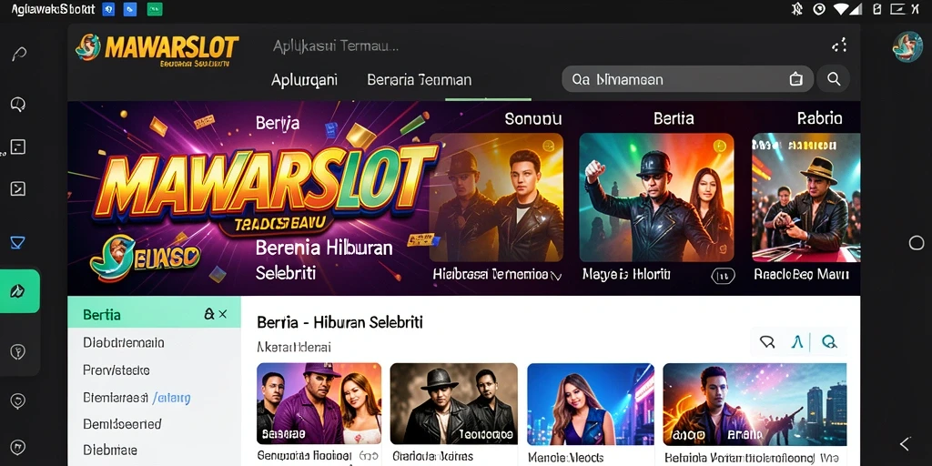 Tampilan antarmuka aplikasi MAWARSLOT dengan berita hiburan menarik.